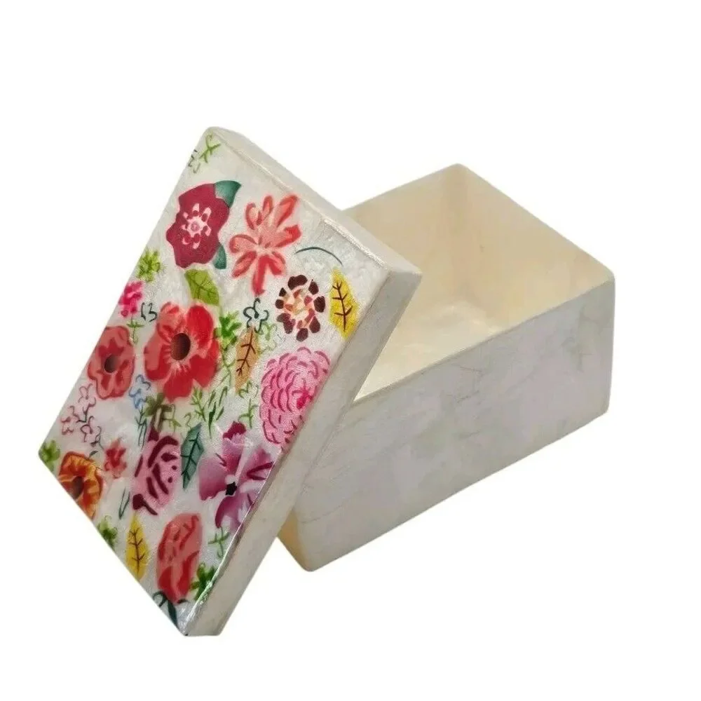 Capiz Oyster Mother of Pearl Shell Box Red Pink Floral Design Lid‎ Trinket Box